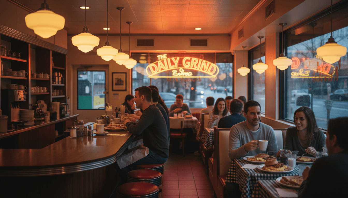 Warm, welcoming diner interior with customers enjoying meals and coffee