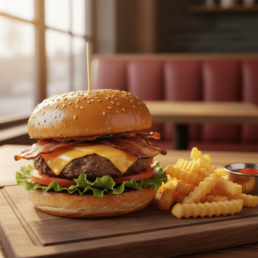 Grounded Cafe signature cheeseburger served with fresh fries