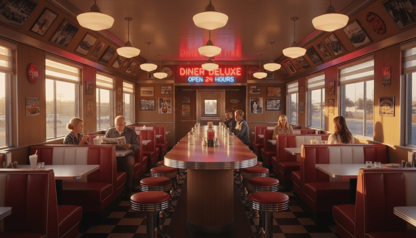 Warm, welcoming diner interior with vintage charm and comfortable seating