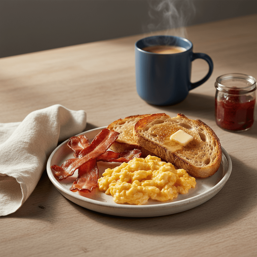 Traditional breakfast plate with eggs and bacon at Grounded Cafe