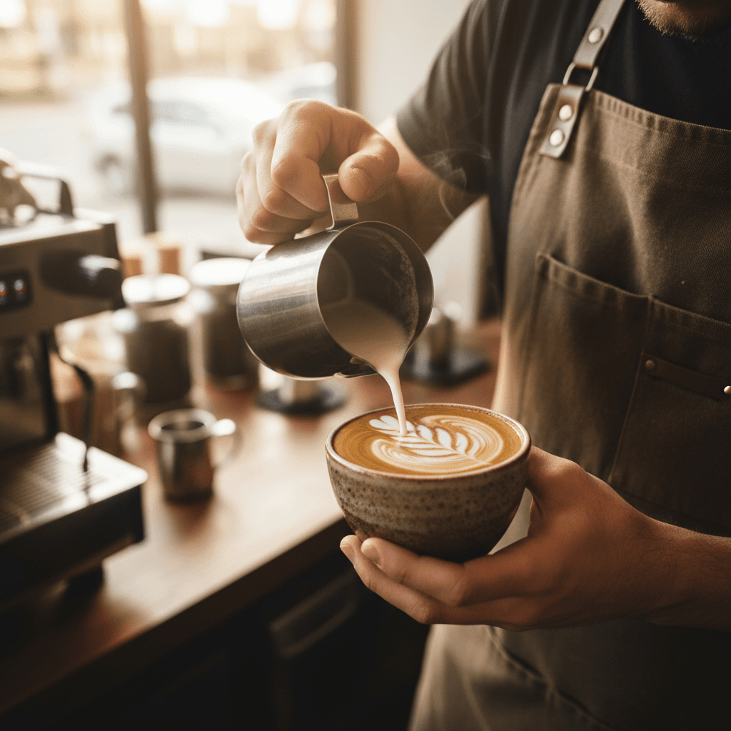 Fresh brewed coffee with latte art in ceramic cup at Grounded Cafe