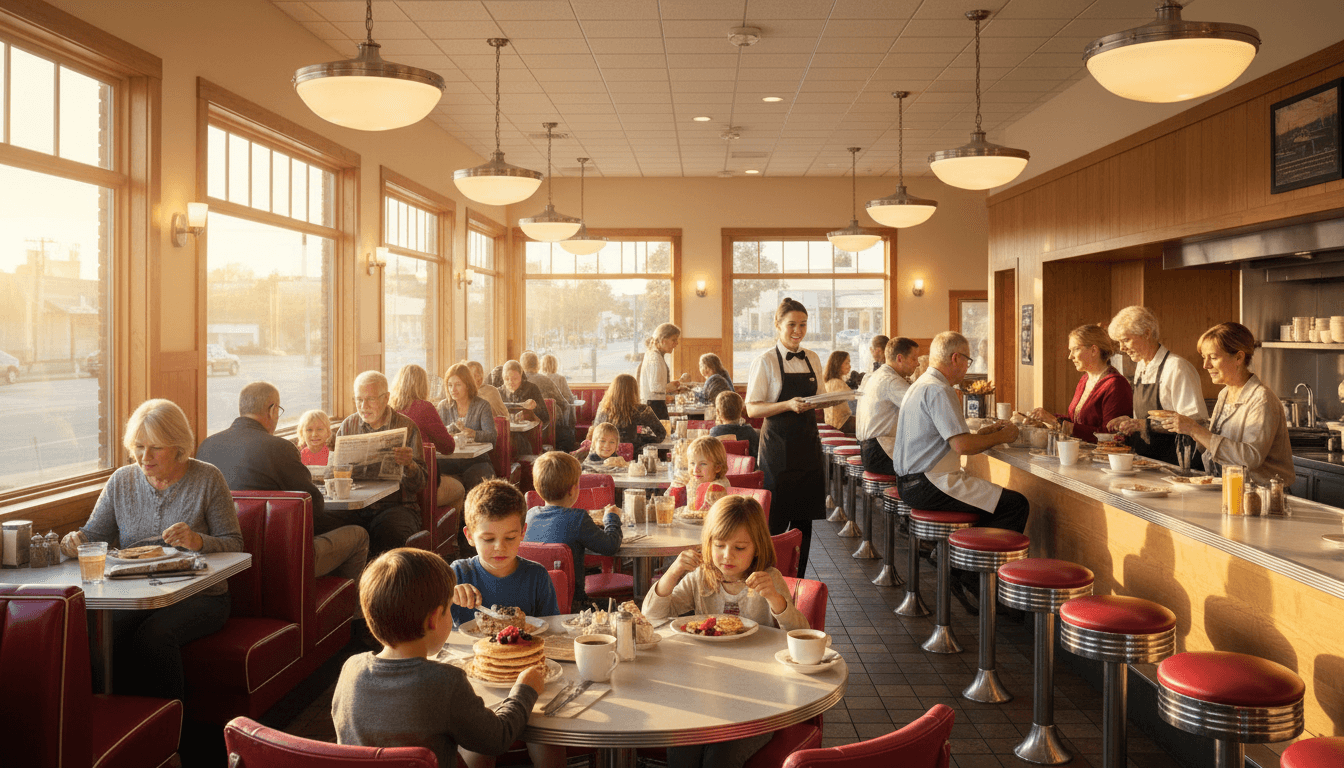 Warm, welcoming diner interior with customers dining at tables and counter seating